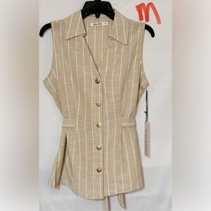 Deja Bleu Beige Striped Sleeveless Button-Front Top